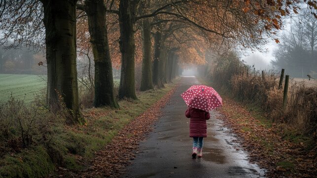 A young girl walks down a tree-lined path on a foggy, rainy day, holding a red polka dot umbrella.