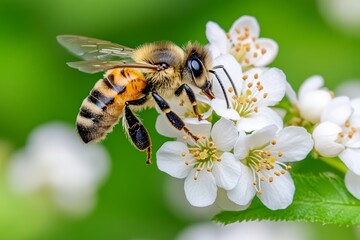 Fototapeta premium A bee pollinating the blossoms of a Kerria Japonica, flying from flower to flower