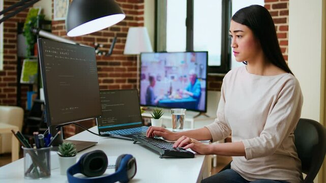 Professional software developer types code on a laptop in a sleek workspace. Asian female freelancer doing remote work on app development, software engineering and agile coding practices. Camera A.