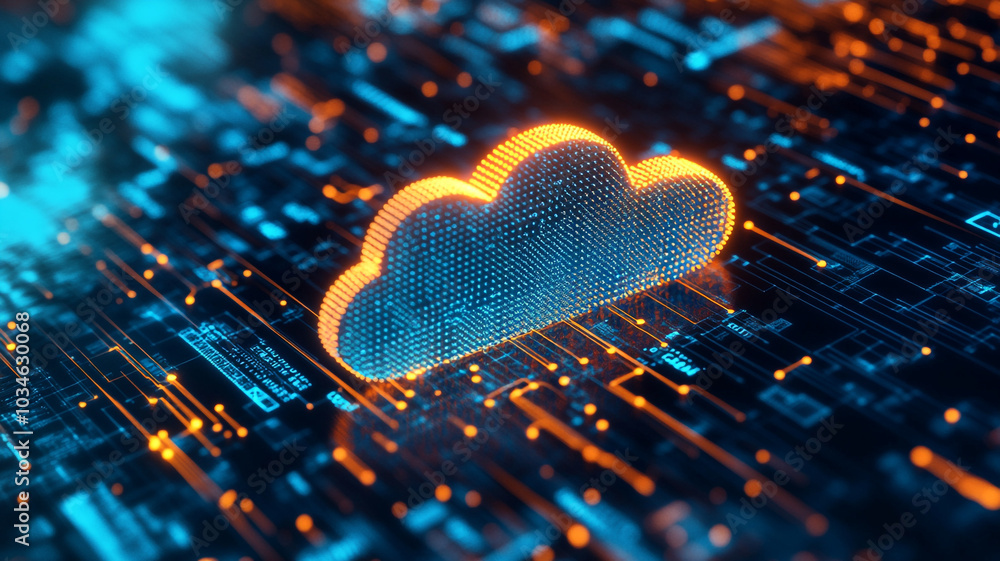 Poster digital cloud symbol surrounded by vibrant data streams and circuitry at night