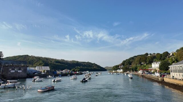 East Looe Cornwall England UK. 30.09.2024. Video. Upstream view of River Looe from Looe Bridge Cornwall UK