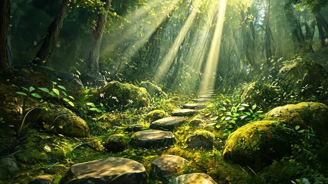 Sunlight streams through the trees in a lush forest, illuminating a stone path leading deeper into the woods