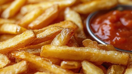 Close-up of golden french fries with a small bowl of tomato ketchup.
