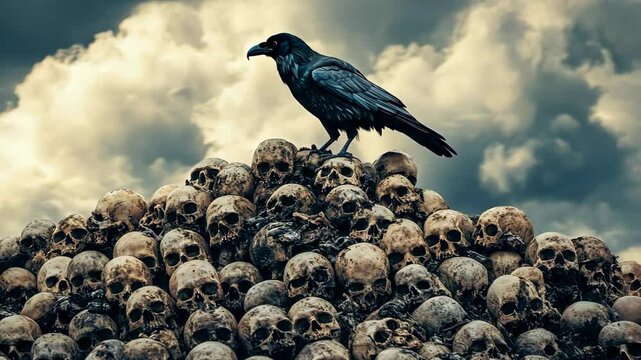 A lone raven perches atop a pile of skulls against a cloudy sky
