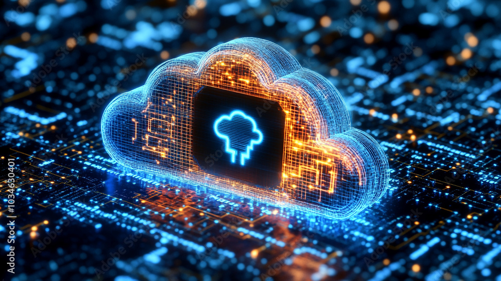 Poster digital cloud symbolizing data storage and connectivity on a circuit board background