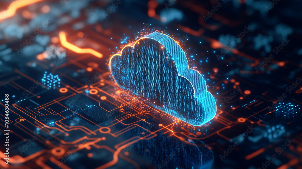 Poster abstract digital representation of cloud computing technology on a circuit board background
