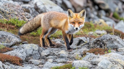 A red fox stands on rocky ground, looking directly at the camera. The fox has a bushy tail and a sharp, alert expression.