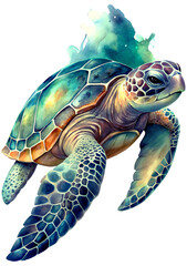 Fototapeta premium Colorful sea turtle swimming gracefully through clear ocean waters, surrounded by vibrant aquatic life in a serene underwater environment