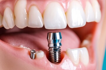 A dental implant inserted into the mandible, with screws visible in the bone
