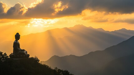 A silhouette of a Buddha statue sits atop a mountain, bathed in the golden light of a sunset. The statue is in a serene, meditative pose, overlooking a vast expanse of mountains