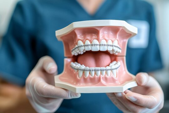 A dentist holding a 3D model of the human jaw, explaining the alignment of the teeth