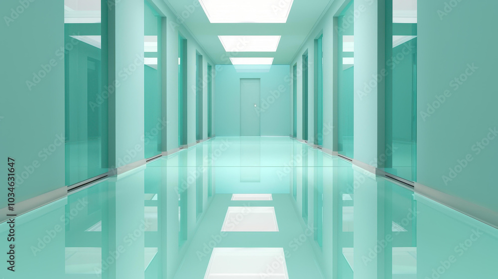 Poster Modern glass office hallway exudes elegance, with bright reflections dancing on a polished light floor.