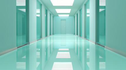 Obraz premium Modern glass office hallway exudes elegance, with bright reflections dancing on a polished light floor.