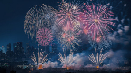 A vibrant fireworks show bursting in the night sky above a cityscape, creating a festive atmosphere. Night of bonfires and fireworks.