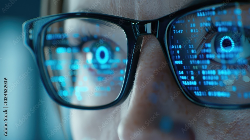 Poster close-up view of a digital eye with glowing data patterns on futuristic glasses