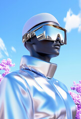 mannequin in mirrored sunglasses and a metal jacket against the background of spring trees and sky