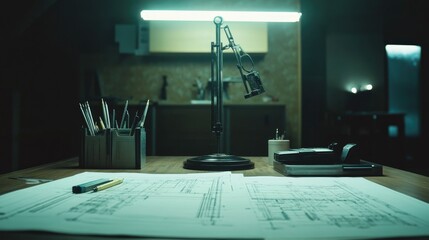 Creative Workspace with Blueprints and Desk Lamp