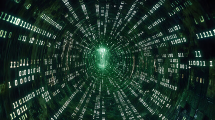A digital matrix tunnel with binary code streaming down the walls
