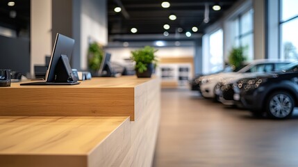Modern car dealership showroom with a wooden reception desk and cars in the background.