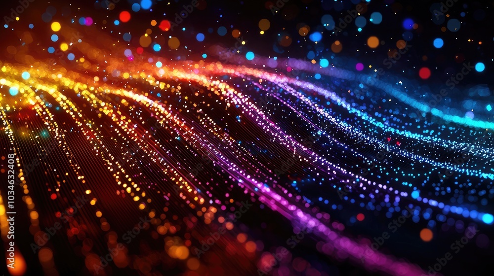 Poster colorful abstract waves of light with bokeh effects on a dark background.