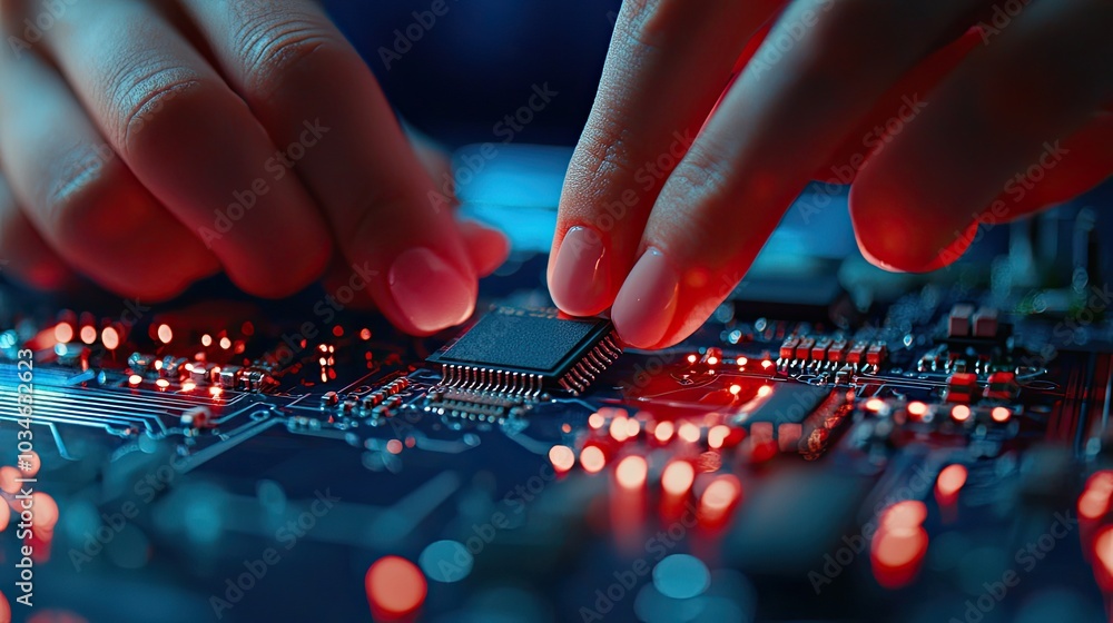 Poster hands working on a circuit board with glowing red lights.