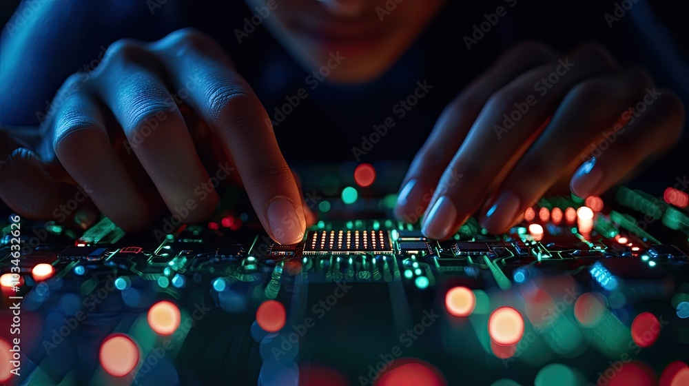 Poster hands working on circuit board with colorful lights and details.