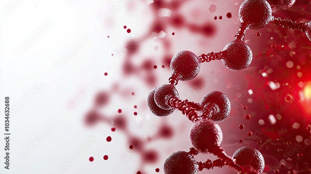 Poster molecular structure with red background and floating particles, abstract representation.