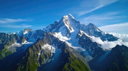 Fototapeta premium Majestic mountain peaks under a clear blue sky with snow-capped summits.
