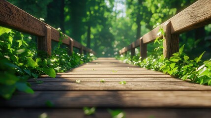 Fototapeta premium Scenic wooden pathway through a lush green forest, illuminated by soft sunlight.
