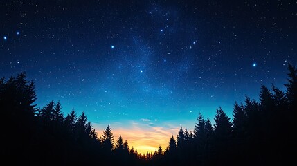 Naklejka premium Serene twilight in a forest with stars and a glowing horizon.