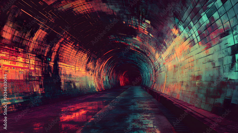 Poster a tunnel made of glitching, pixelated textures, creating a tech-vibe effect