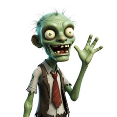 Cartoon zombie character with friendly wave gesture and bright eyes