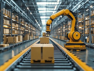 A yellow robotic arm operates in a warehouse, lifting a cardboard box onto a conveyor belt, with other boxes on the belt and shelves in the background.
