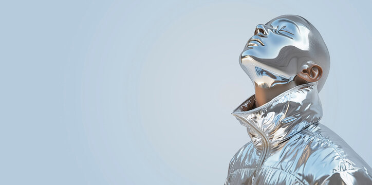 A chrome mask is on the face of a man wearing a silver jacket. Space for text. Horizontal banner.  space for text - Powered by Adobe