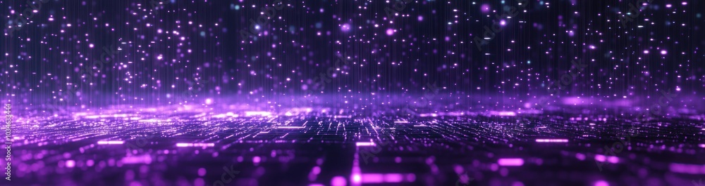 Poster abstract purple background with sparkling lights and falling particles.