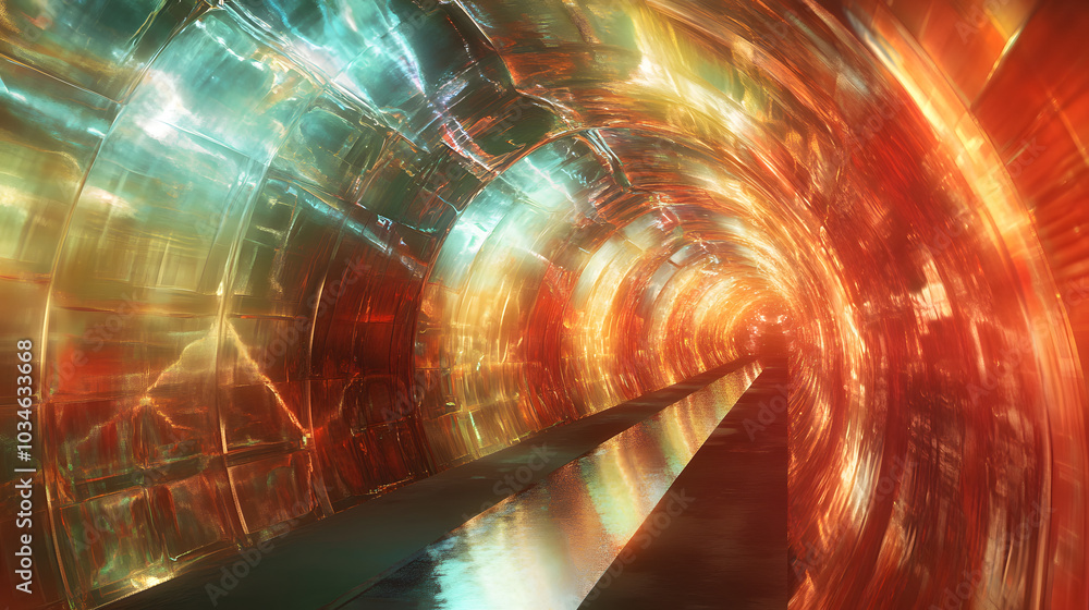 Poster a tunnel of glass-like structures refracting and bending light in various colors