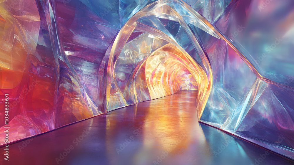 Poster a tunnel of glass-like structures refracting and bending light in various colors