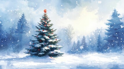 Obraz premium Christmas tree in winter landscape, decorated with colorful ornaments, set against a snowy background with softly falling snowflakes and a serene atmosphere