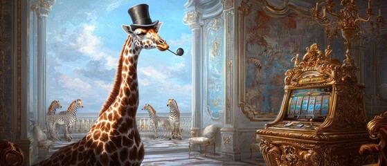 A dapper giraffe in a top hat and monocle gracefully pulling a high-quality slot machine in an elegant room with zebra guests