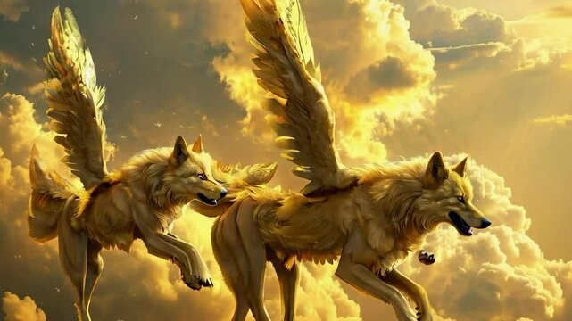 Golden Winged Wolves Run in the Sky