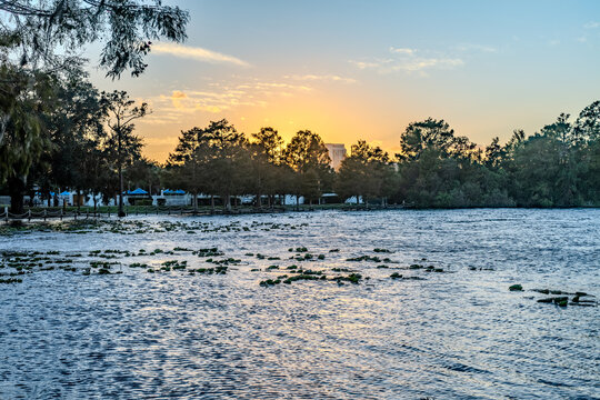 Sunset views over Byron Lake create a mesmerizing scene, with the golden light reflecting off the calm waters. The silhouette of trees and the soft colors in the sky bring out the peaceful, serene bea