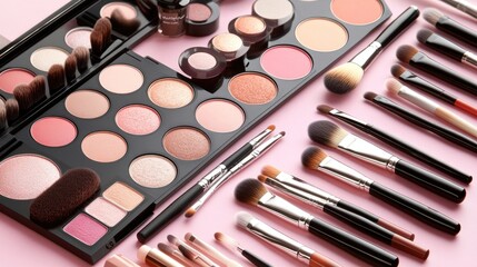 Makeup Tools and Cosmetics on Pink Background