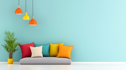 A bright living room featuring a cozy sofa adorned with colorful pillows. A stylish plant and hanging lights add a cheerful ambiance to the space.