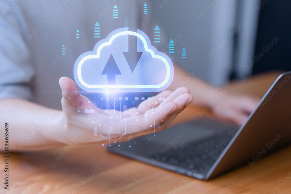 Poster Business concept of big data analytics and business intelligence, data storage and transfer, networking and internet service and startup technology. Person use a laptop with cloud computing diagram.