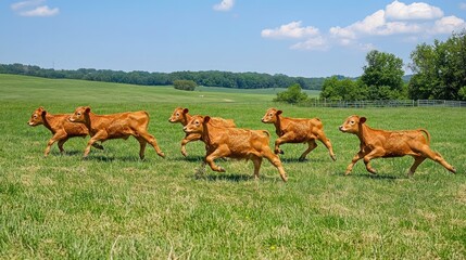 Five brown calves run across a green field under a blue sky.
