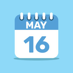 calendar May 16 blue color icon, paper planning design.