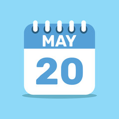 calendar May 20 blue color icon, paper planning design.