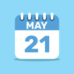 calendar May 21 blue color icon, paper planning design.
