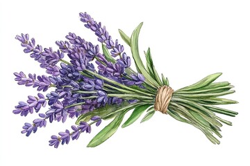 Obraz premium Watercolor illustration of a lavender bouquet with purple flowers and green leaves tied with twine.