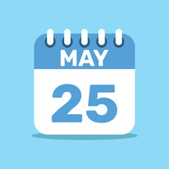 calendar May 25 blue color icon, paper planning design.